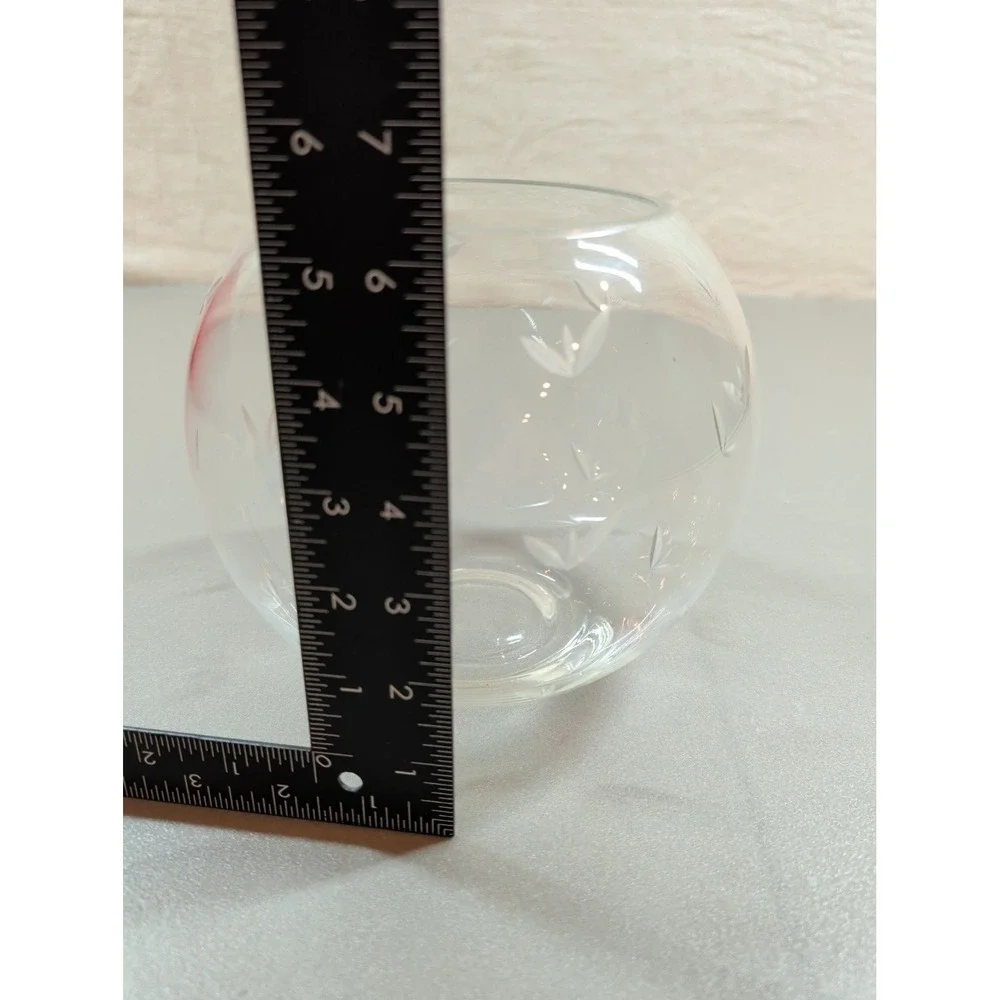 Vintage Etched Glass Rose Bowl Round Clear‎ Vase Wheat Leaf Pattern 4 Inch